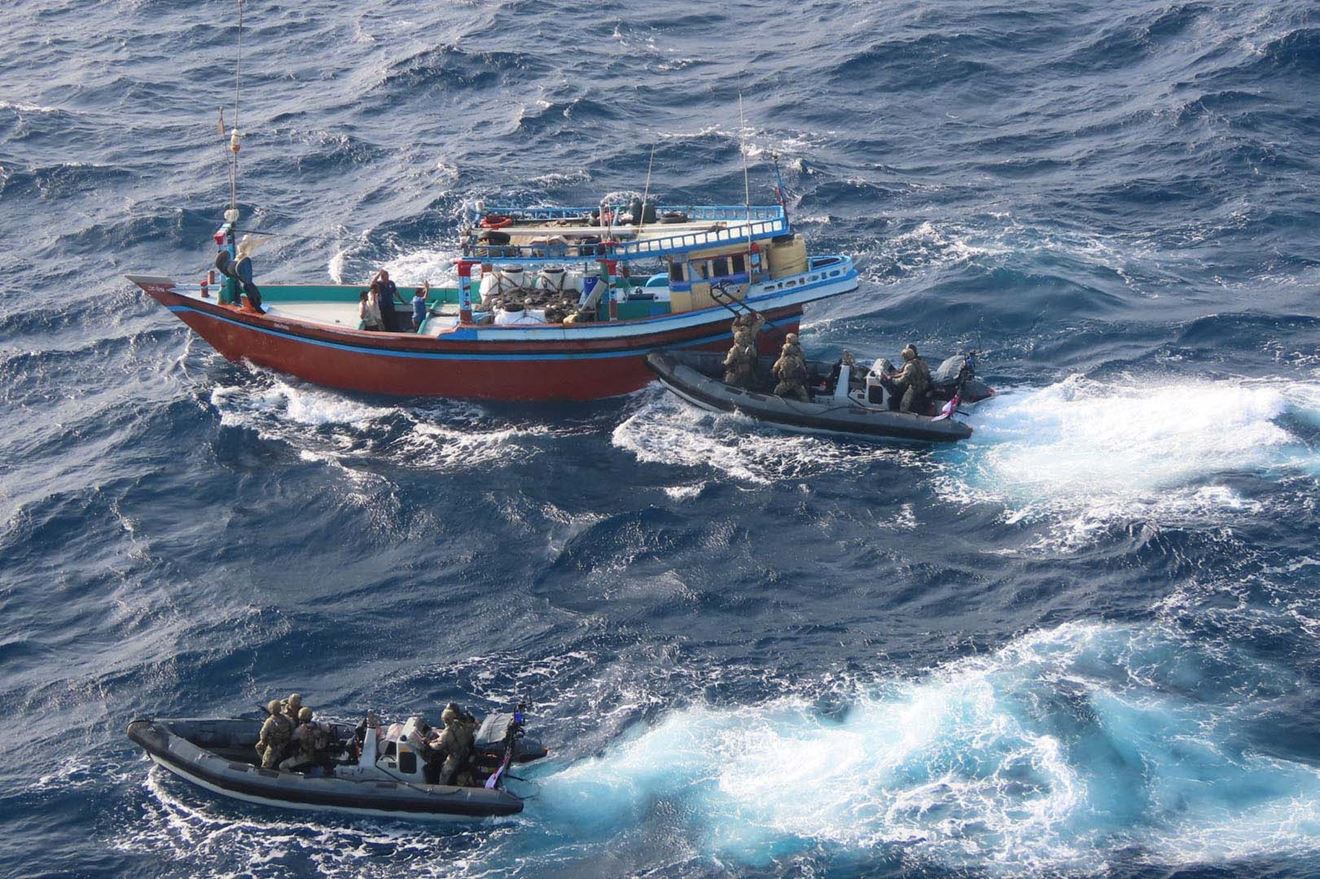 Royal Navy frigate strikes again with drugs bust in Middle East/Royal Marines of 42 Commando board the suspect vessel