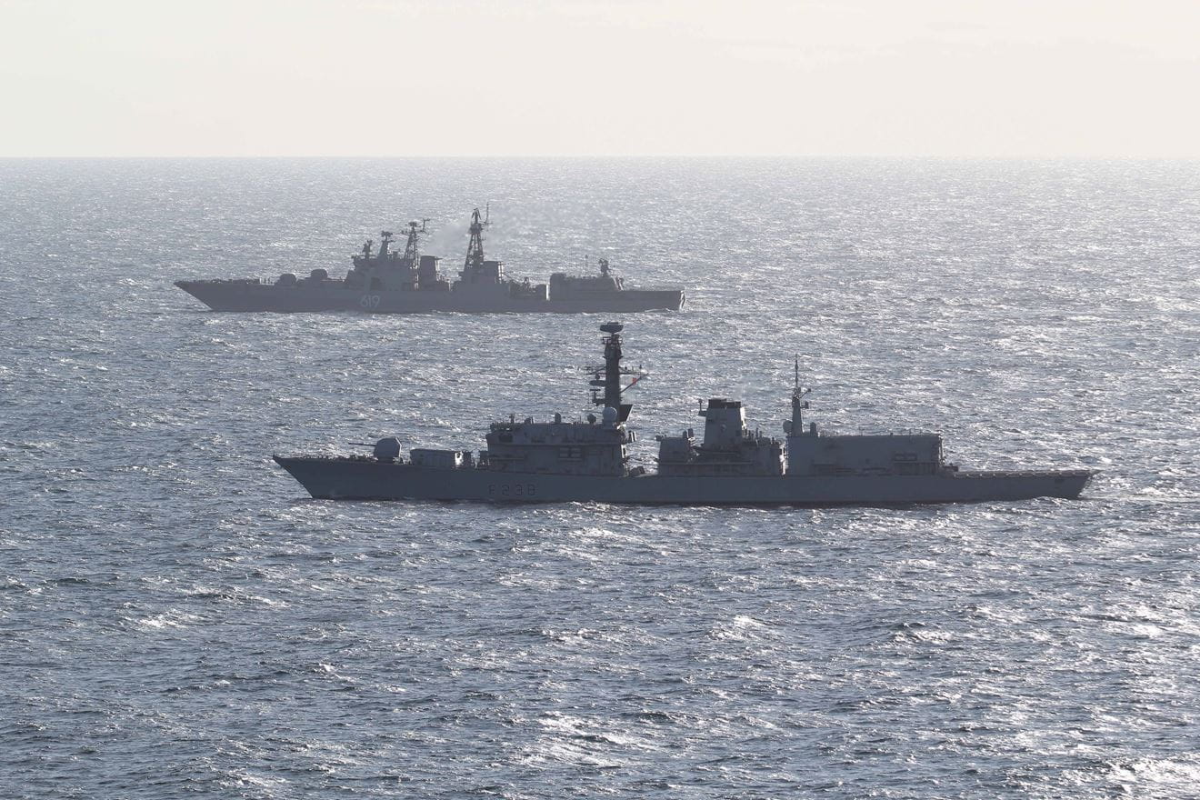 HMS Northumberland escorts a Russian destroyer