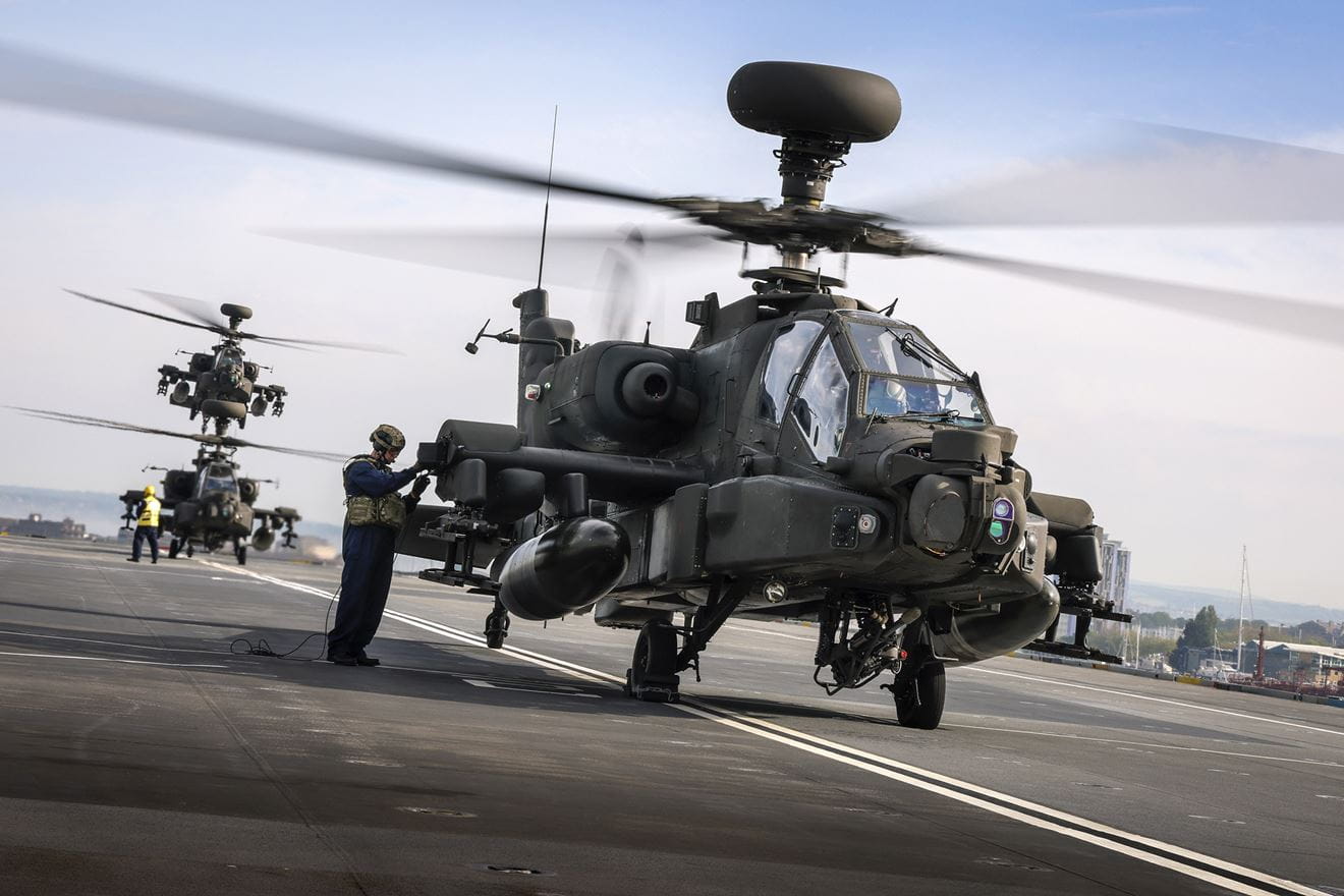 The three Apache gunships arrive on HMS Prince of Wales The three Apache gunships arrive on HMS Prince of Wales