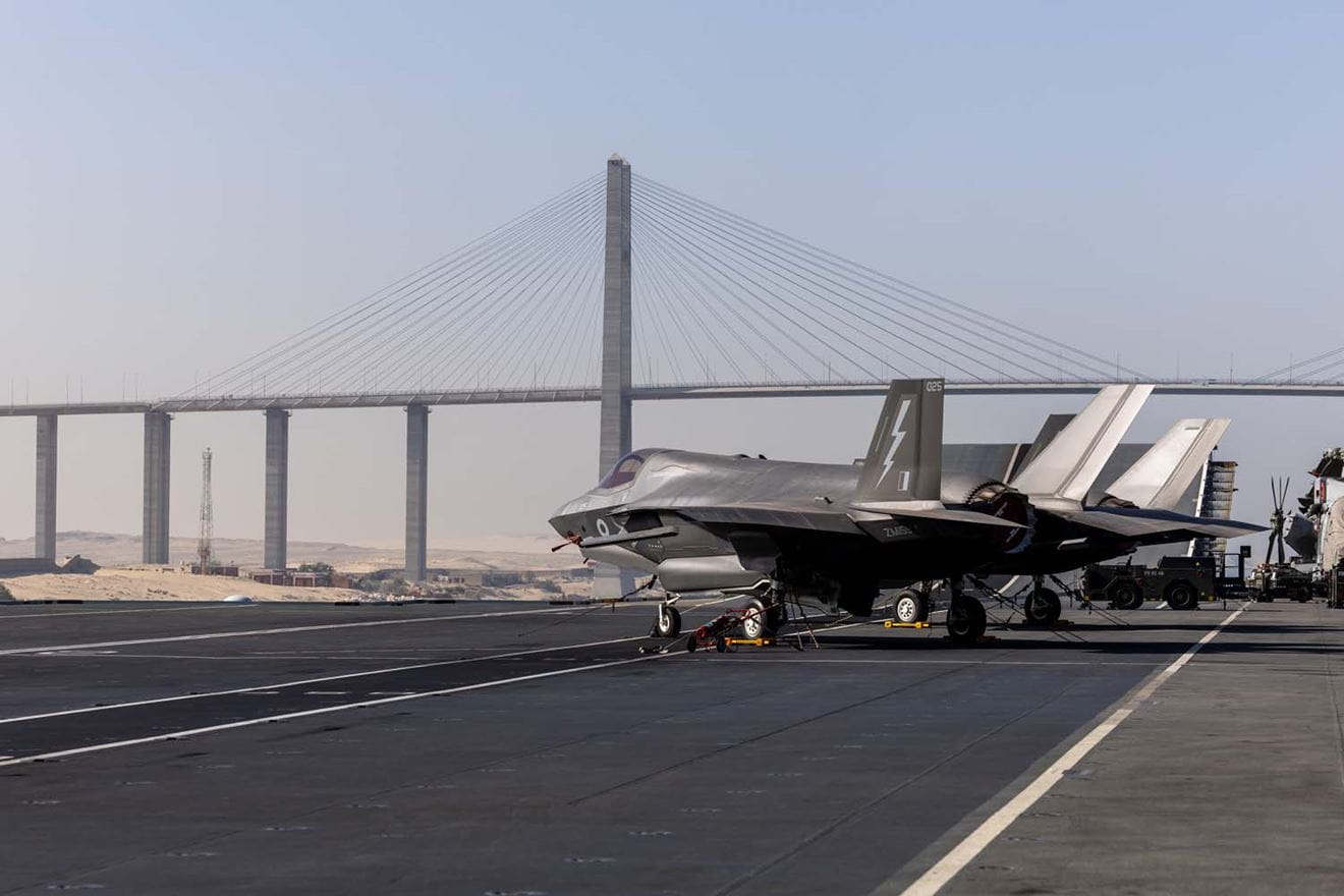 F-35s on the deck of HMS Prince of Wales as the aircraft carrier sails through the Suez Canal