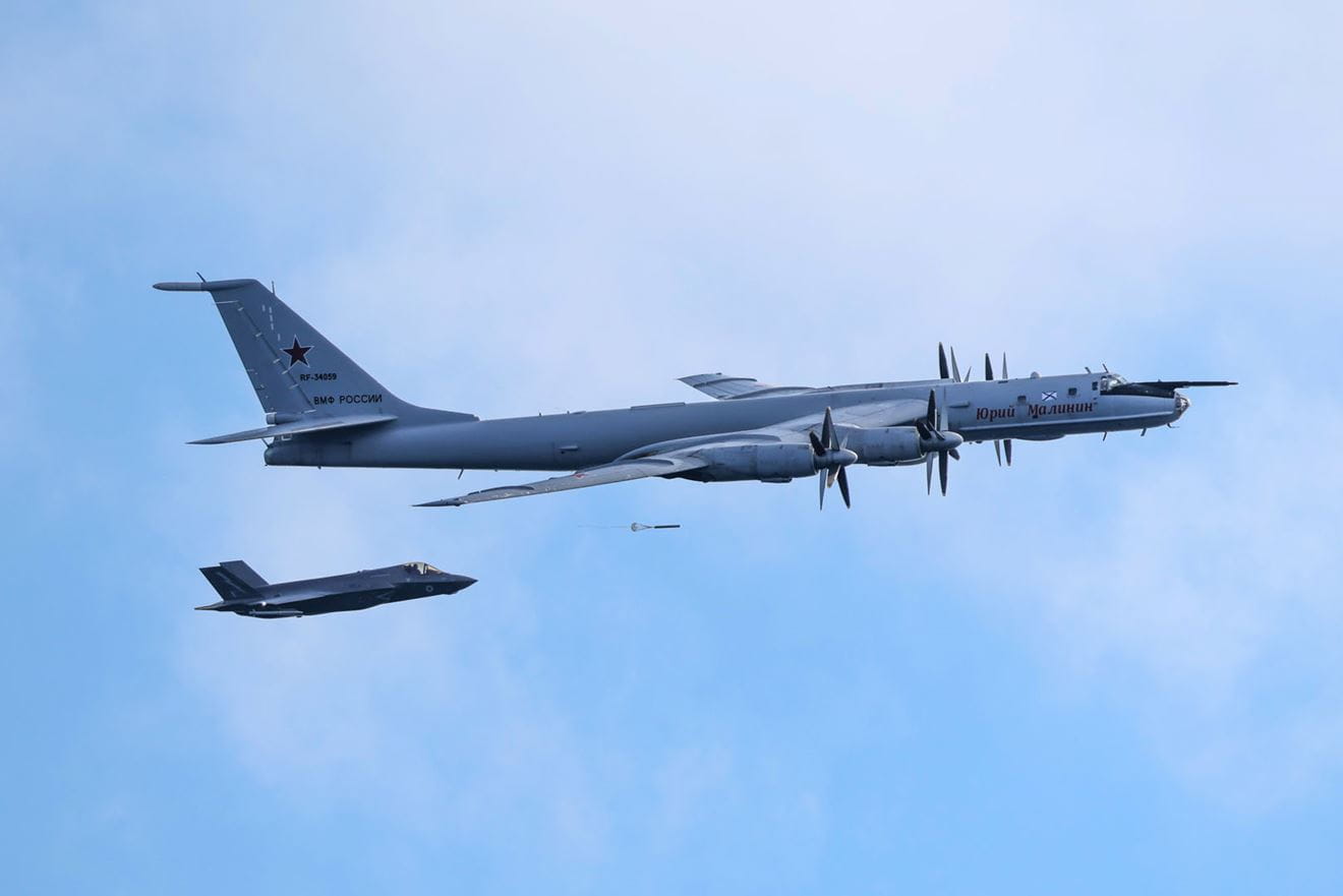 Follow the Bear - an F-35B of 809 NAS accompanies the Tupolev-142, callsign Yuri Malinin, as it drops a sonobuoy
