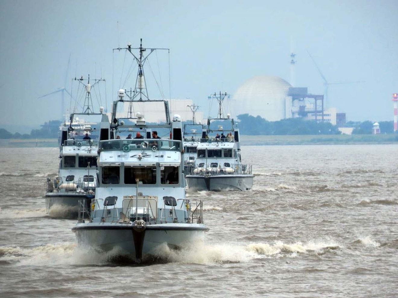 HMS Pursuer leads the P2000s out of Hamburg in formation to head back to the UK