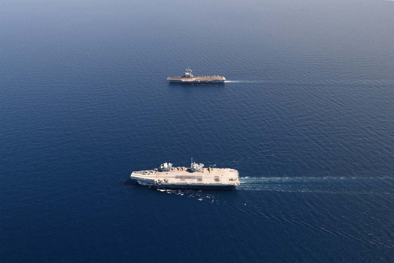 HMS Queen Elizabeth met up with French carrier FS Charles de Gaulle for training in the Western Mediterranean. Picture: LPhot Unaisi Luke