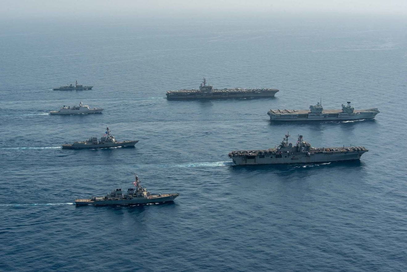 HMS Queen Elizabeth meets up with the USS Ronald Reagan carrier strike group and USS Iwo Jima amphibious ready group for training in the Gulf of Aden. Picture: Seaman Gray Gibson/US Navy