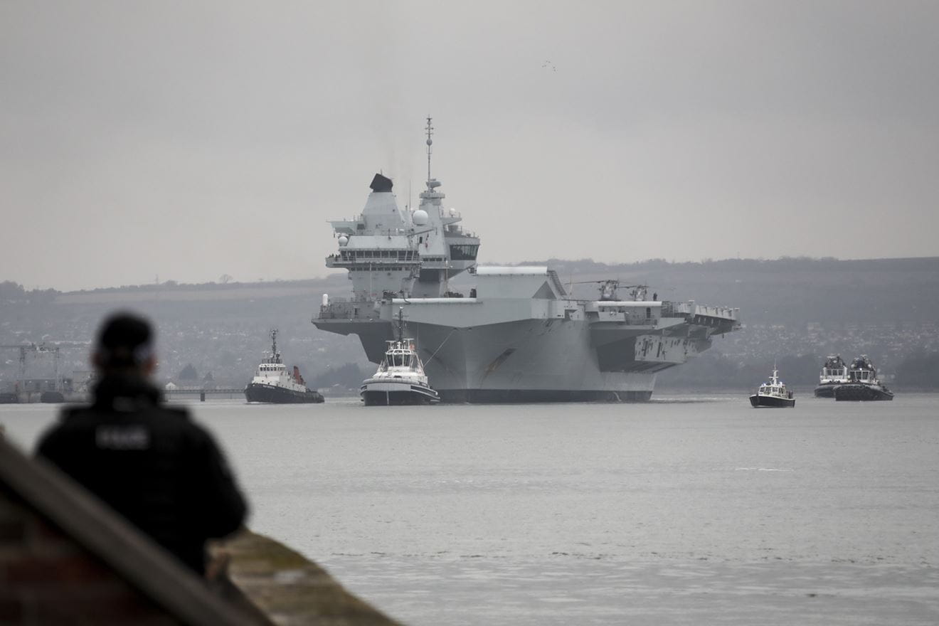 HMS Queen Elizabeth leaves Portsmouth in January 2020