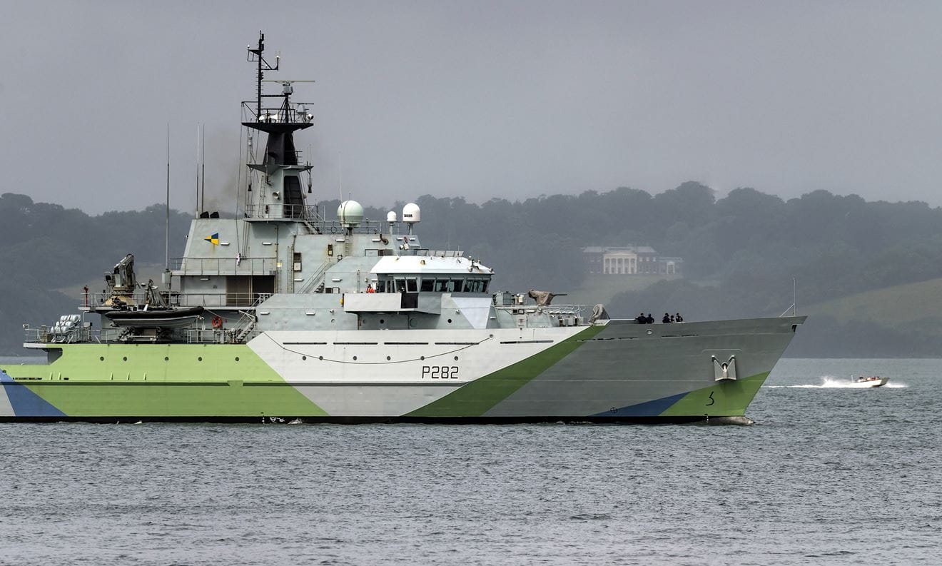 Severn makes her way out of Falmouth with her distinctive livery