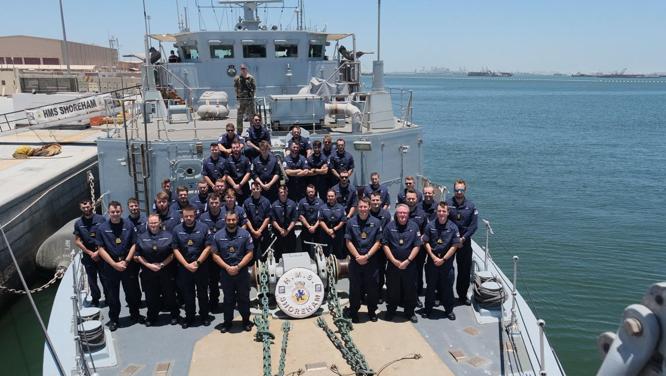 A final crew shot for HMS Shoreham before they left the Gulf for good A final crew shot for HMS Shoreham before they left the Gulf for good