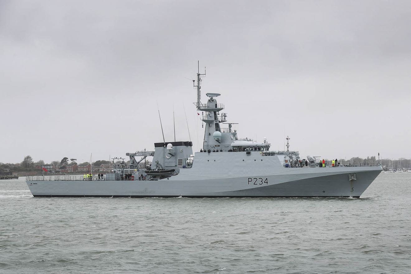 HMS Spey alongside in Portsmouth Naval base for the first time
