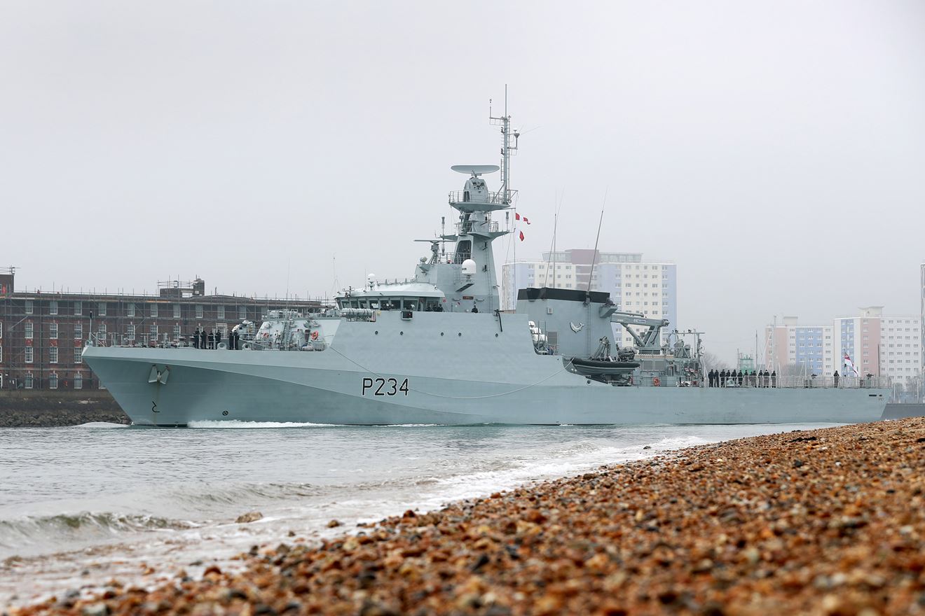 HMS Spey passes Fort Blockhouse on her first voyage under the White Ensign HMS Spey passes Fort Blockhouse on her first voyage under the White Ensign