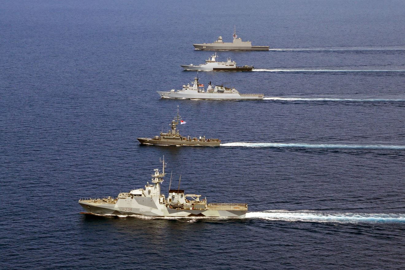 HMS Spey (nearest the camera) with Singaporean and Malaysian vessels HMS Spey (nearest the camera) with Singaporean and Malaysian vessels