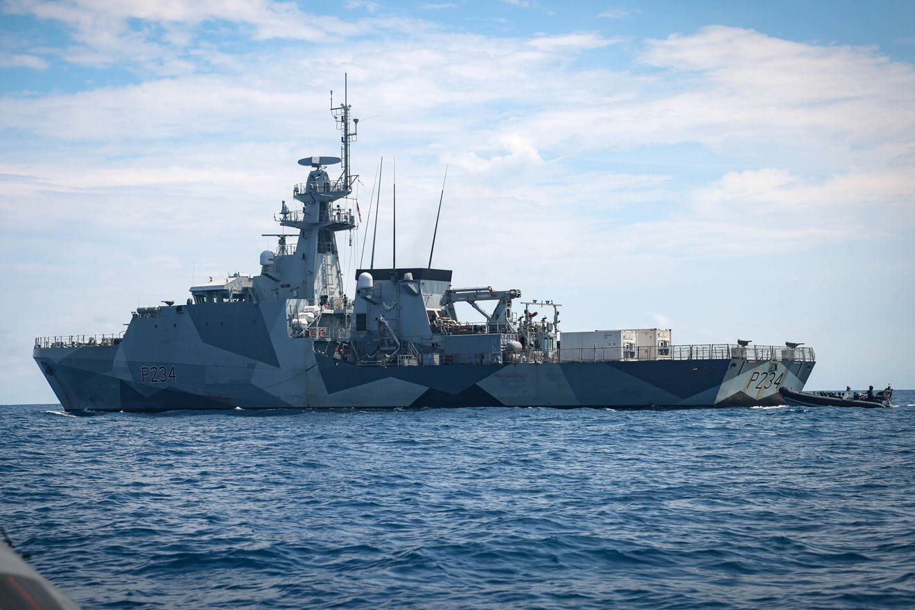 HMS Spey deploying kit and personnel from 148 Battery from the ship to be taken ashore. This will be the last time they see HMS Spey for a few days as they operate ashore for Exercise Bersama Shield 2025.