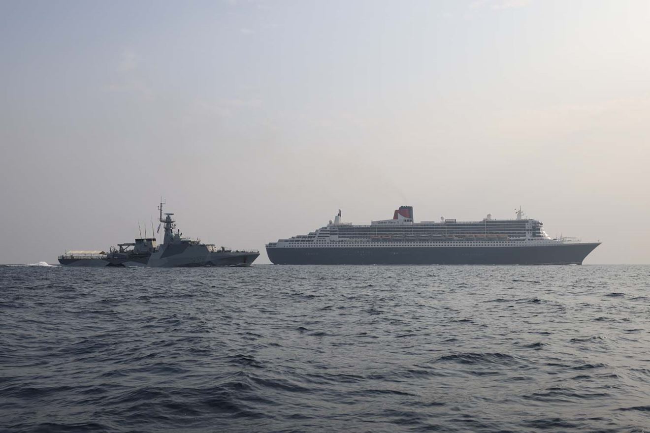 HMS Spey met up with cruiseliner Queen Mary 2 in the Pacific Ocean. Picture: LPhot Kevin Walton