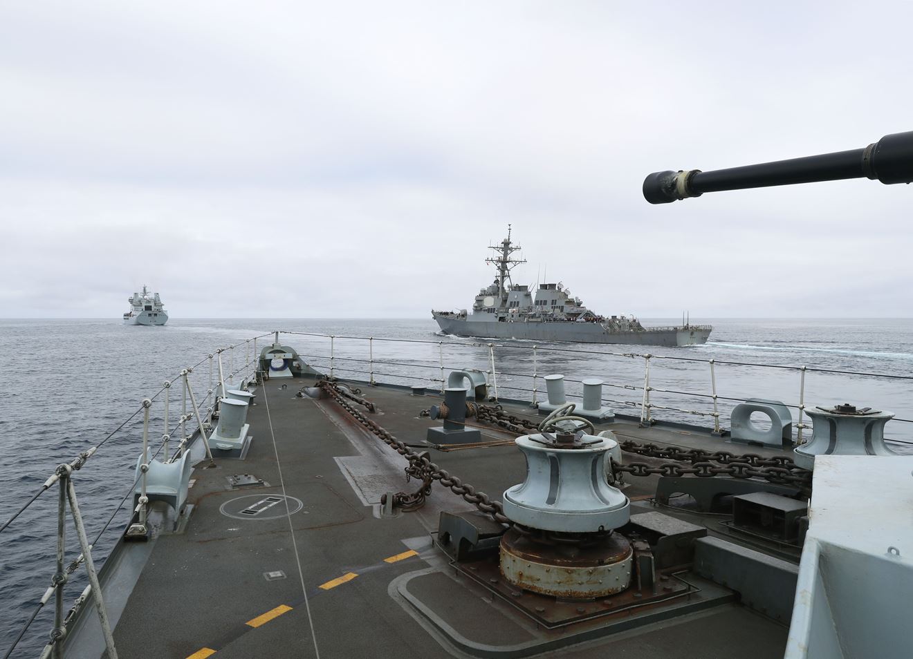 HMS Sutherland and RFA Tidespring are part of a UK-led task group in the High North, which also includes USS Ross.