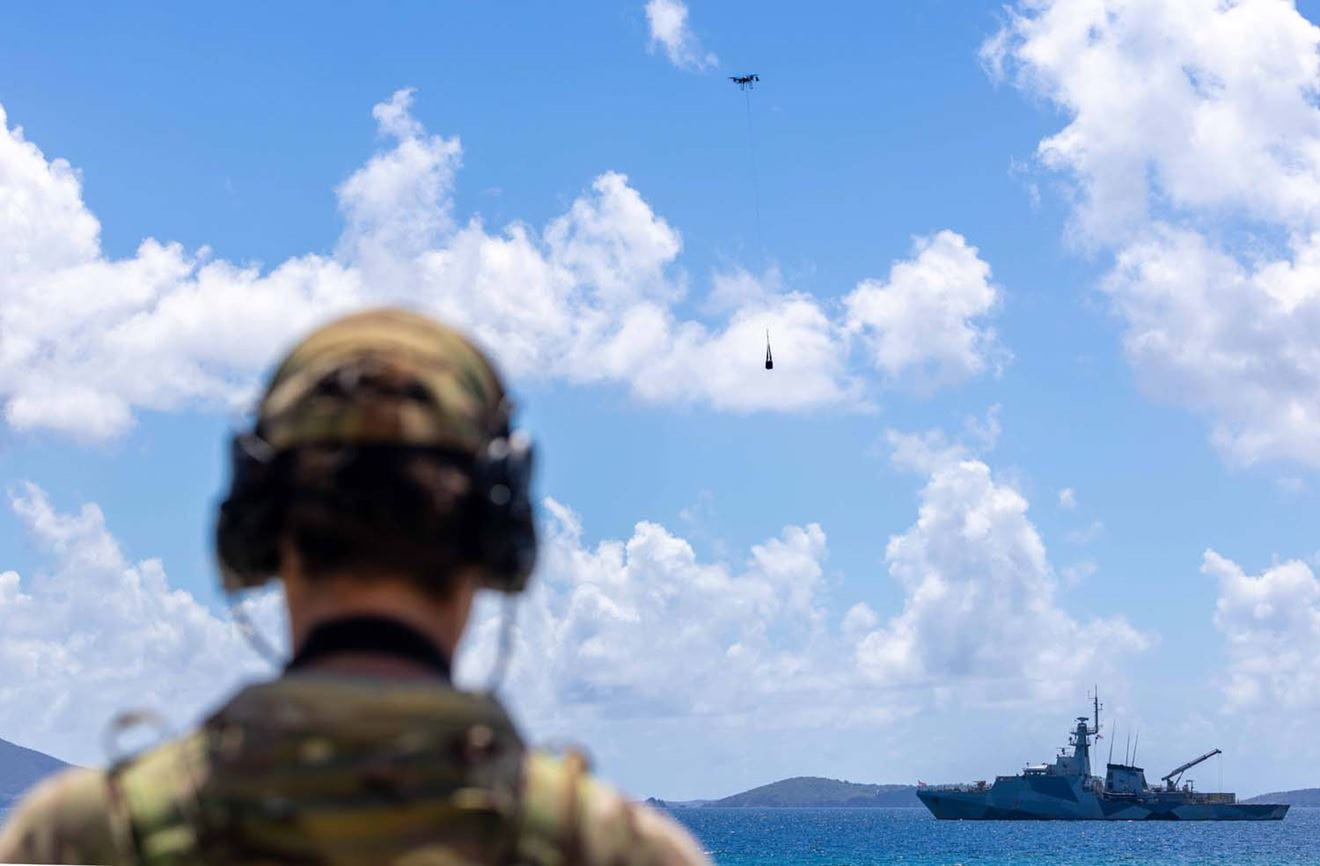 HMS Trent drone trials in the Caribbean
