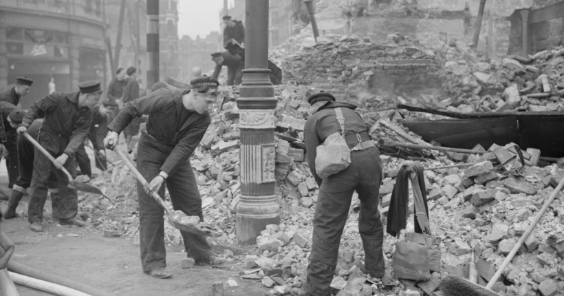 Sailors clear rubble after the raid on Plymouth of March 20-21 1941 Sailors clear rubble after the raid on Plymouth of March 20-21 1941