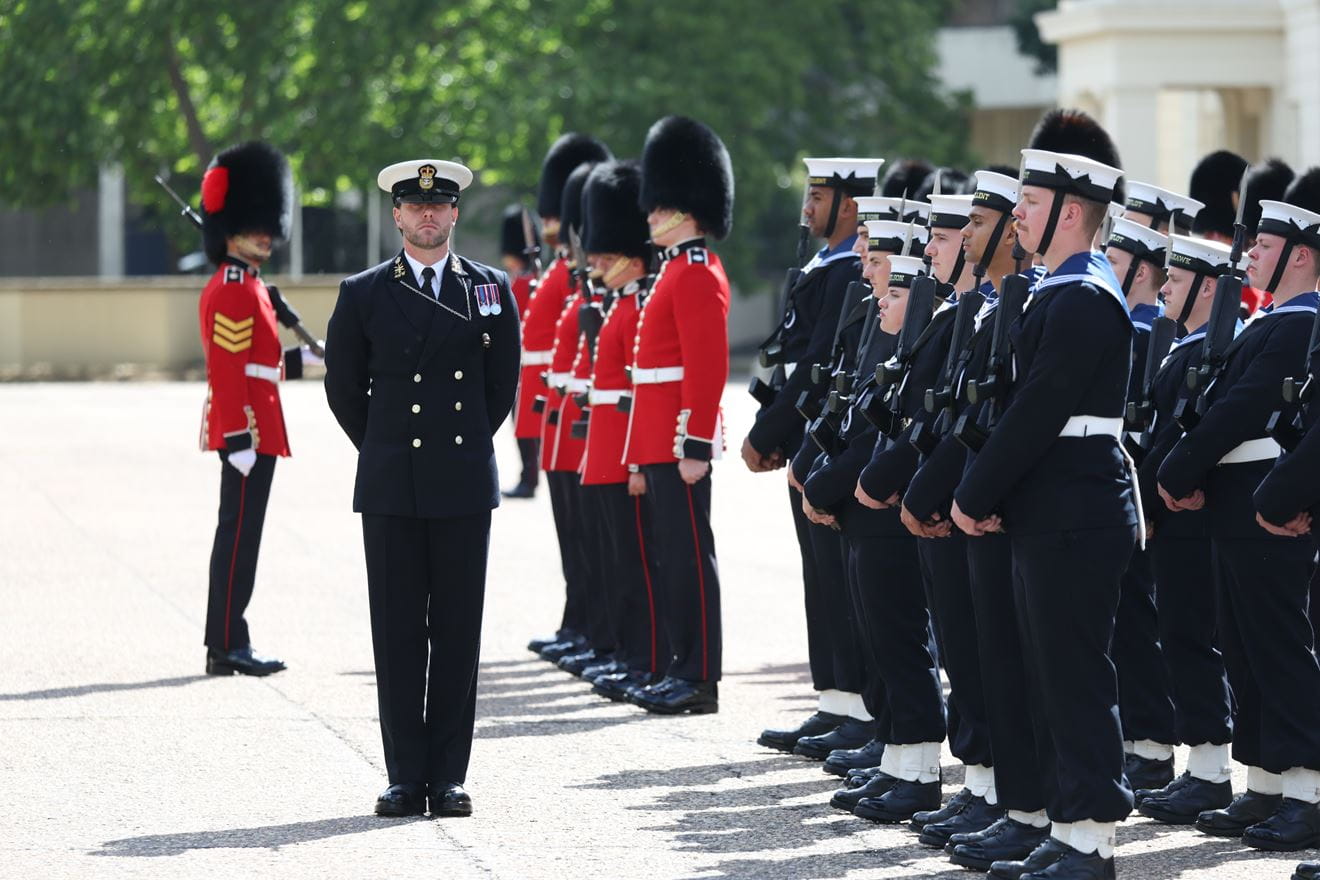 Some of the 92-strong contingent of Royal Navy Street Lining Party at Wellington Barracks this morning