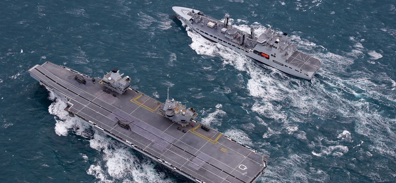 Aircraft carrier HMS Queen Elizabeth and new supply ship RFA Tidespring have met up at sea for the first time, as they prepare to conduct a Replenishment at Sea (RAS), refuelling whilst underway at sea, in what will be a first for both
