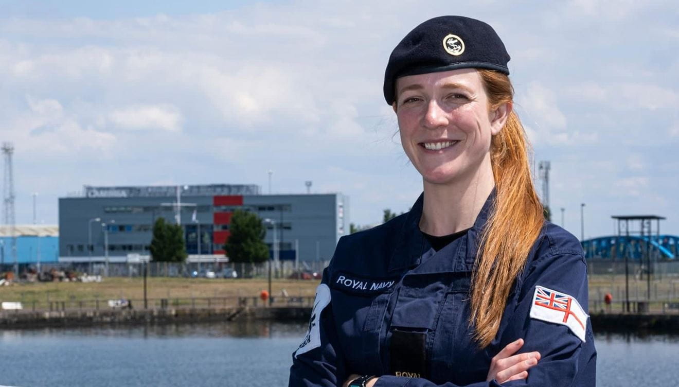 AB Liv Quinn in front of HMS Cambria