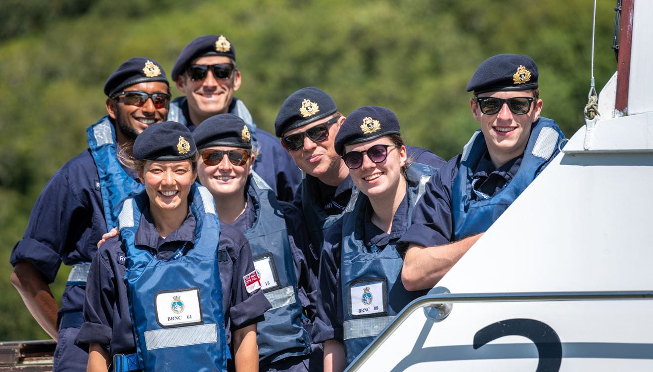 Trainee Officers taking part in the Royal Naval Reserve Accelerated Officer Programme at Brittania Royal Naval College, Dartmouth practice their boat handing and leadership skills on the River Dart.