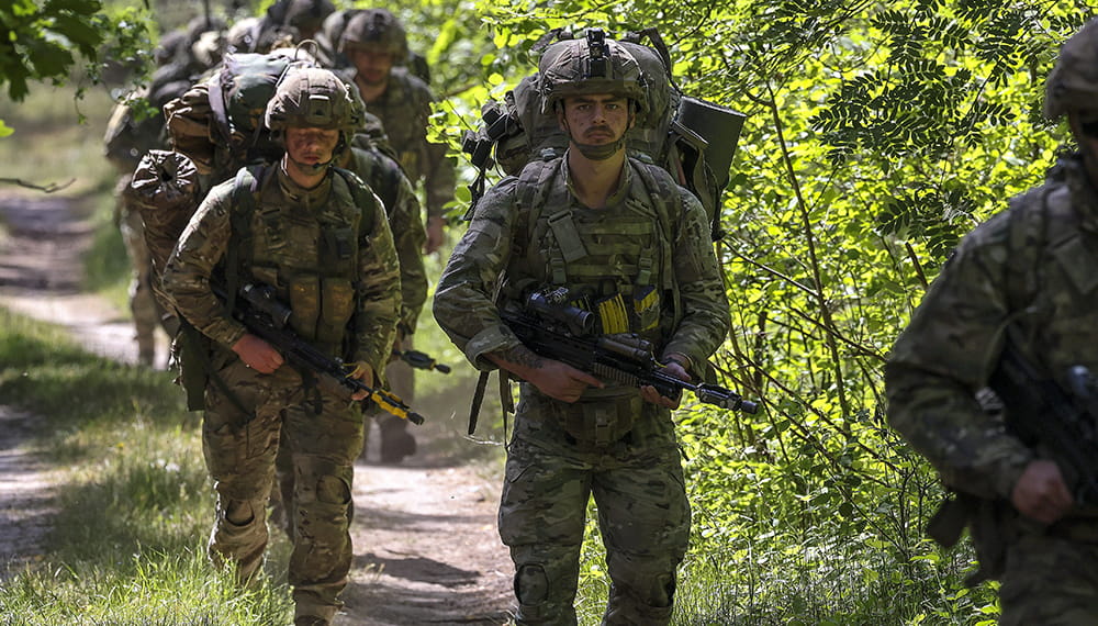 Armed Royal Marines walk down overgrown road