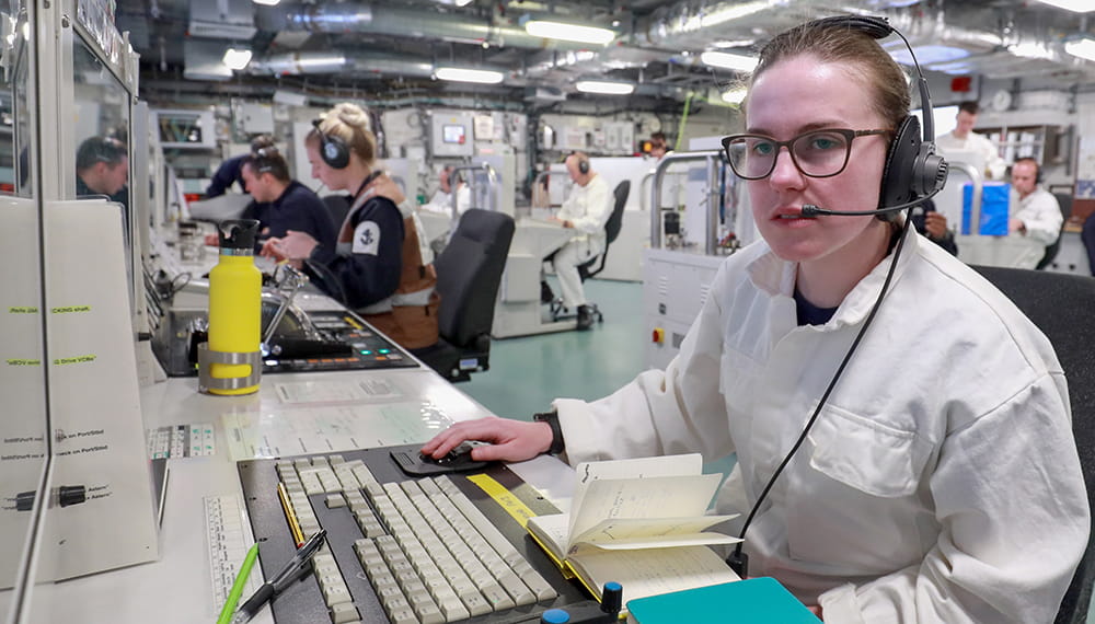 Junior marine engineering officer in head quarters during a stage 21 exercise. HMS Queen Elizabeth's first operational sea training.