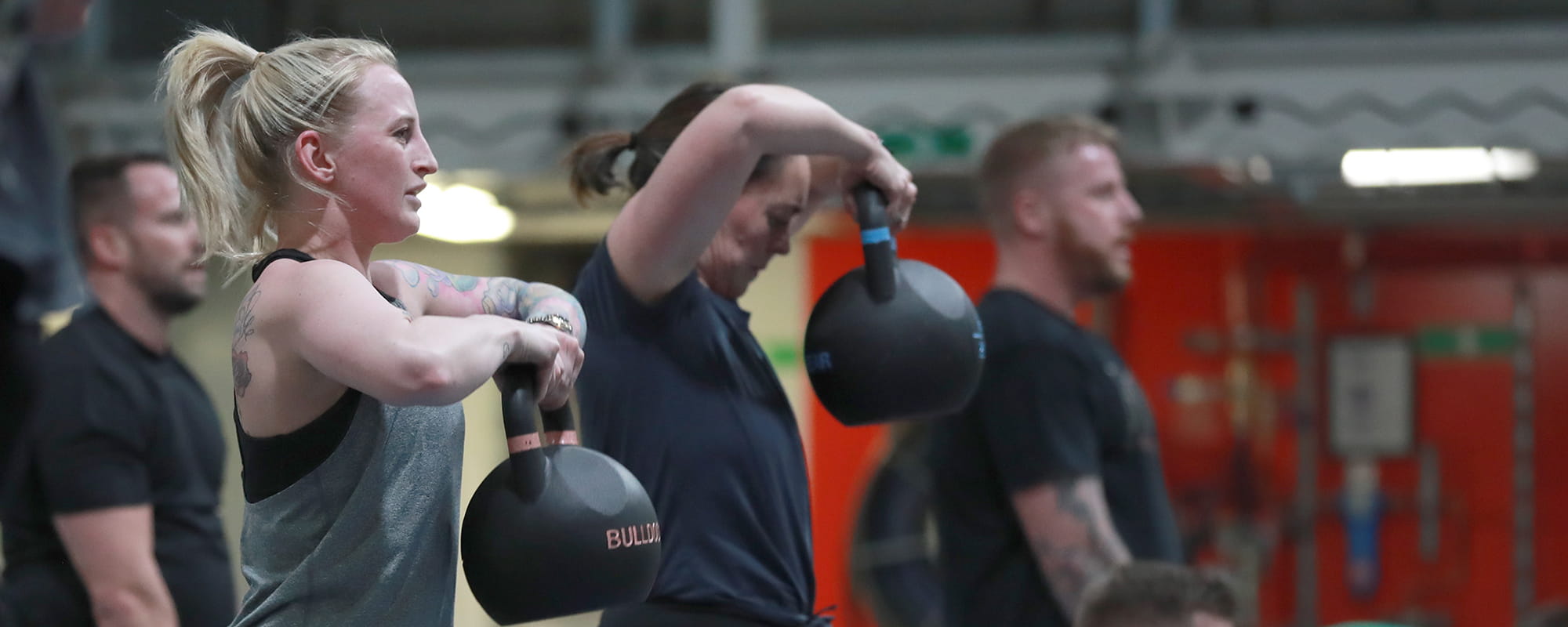 Pictured here are HMS Prince of Wales ships company during an afternoon circuits. HMS Prince of Wales circuit in the hangert. 