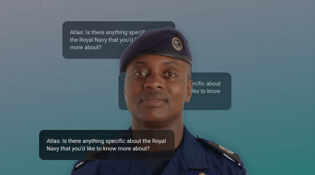 Image of virtual recruiter Atlas with speech bubbles around them
