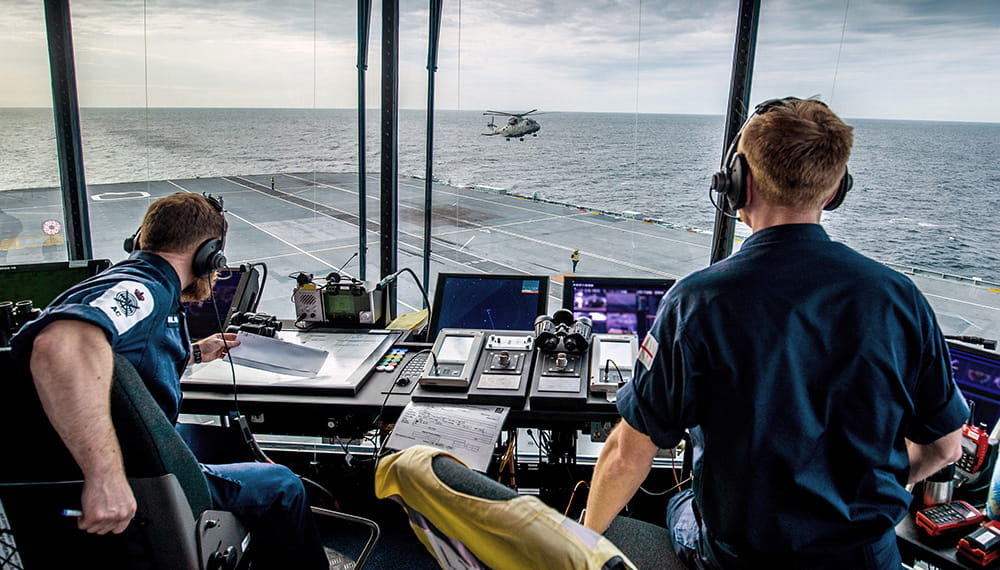 royal-navy-careers-fleet-air-arm-03 The Flight Control tower during flying operations. Royal Navy aircraft carrier, HMS Queen Elizabeth, has deployed to the USA to land fast jets on deck for the very first time.