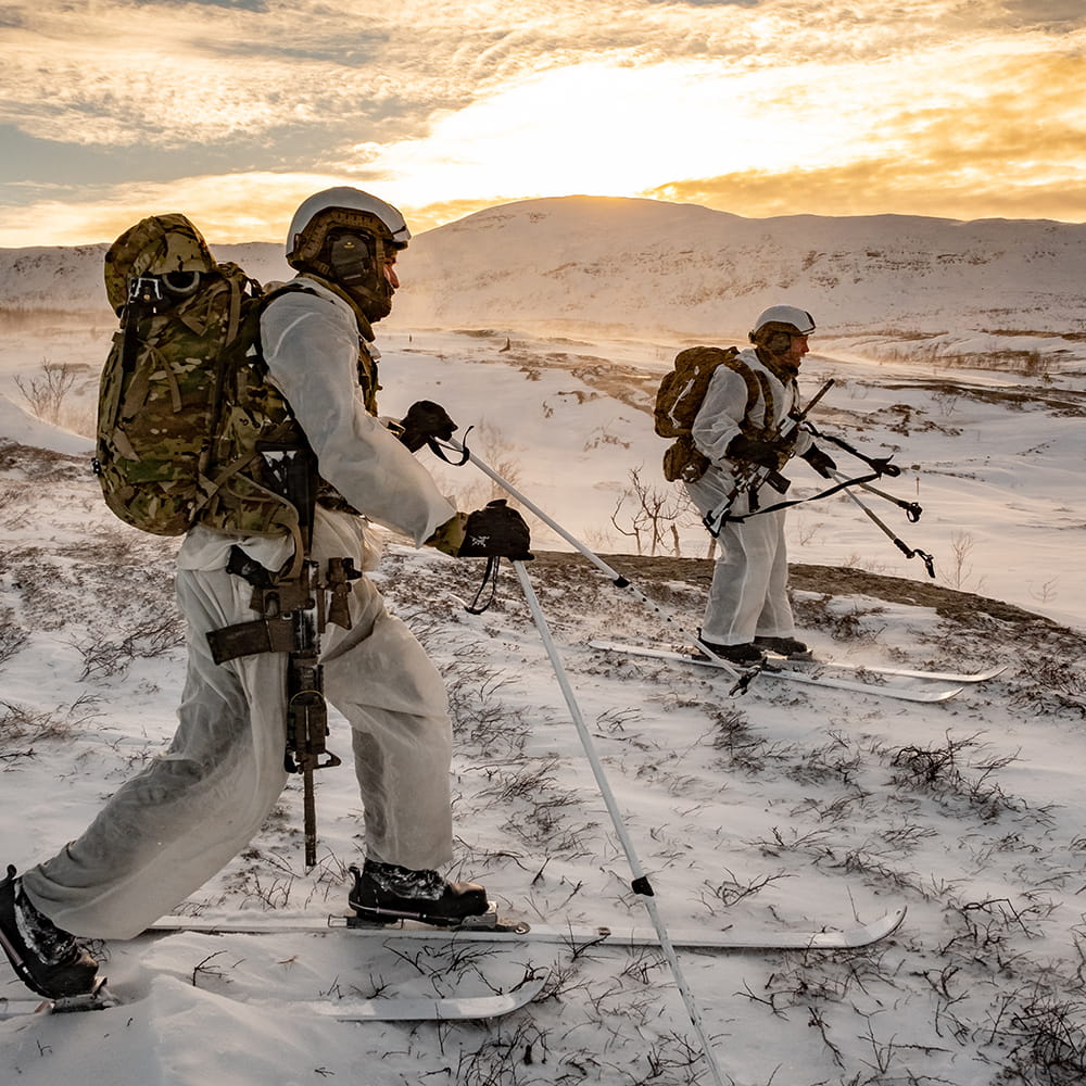 Two persons ski across a frozen landscape carrying cameo rucksacks