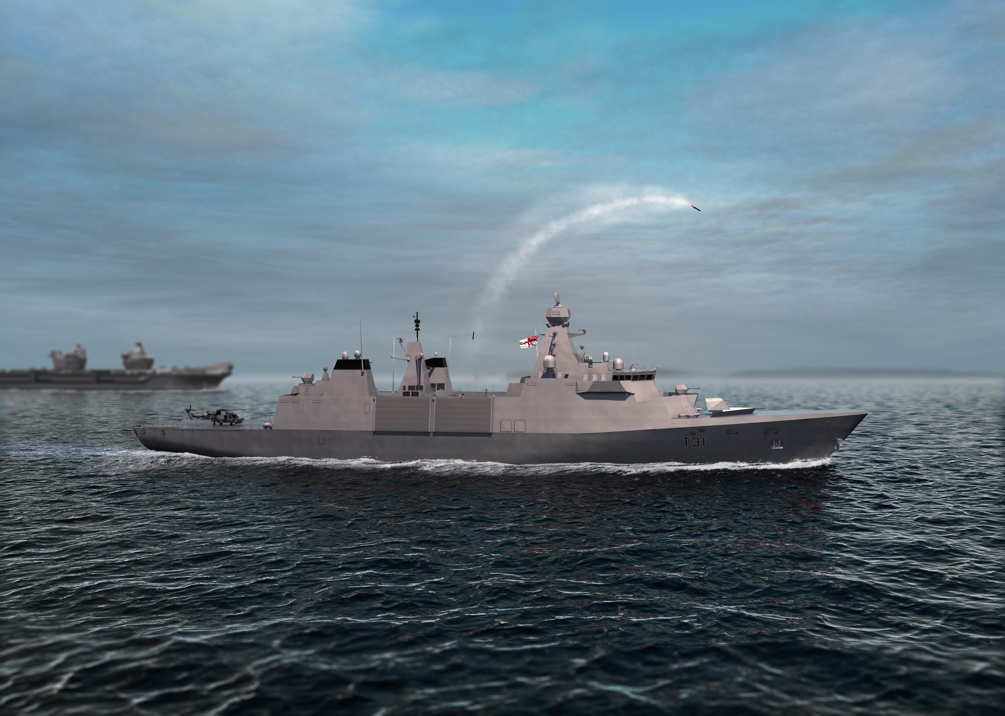 An inspiration class frigate in the sea with an aircraft carrier in the background