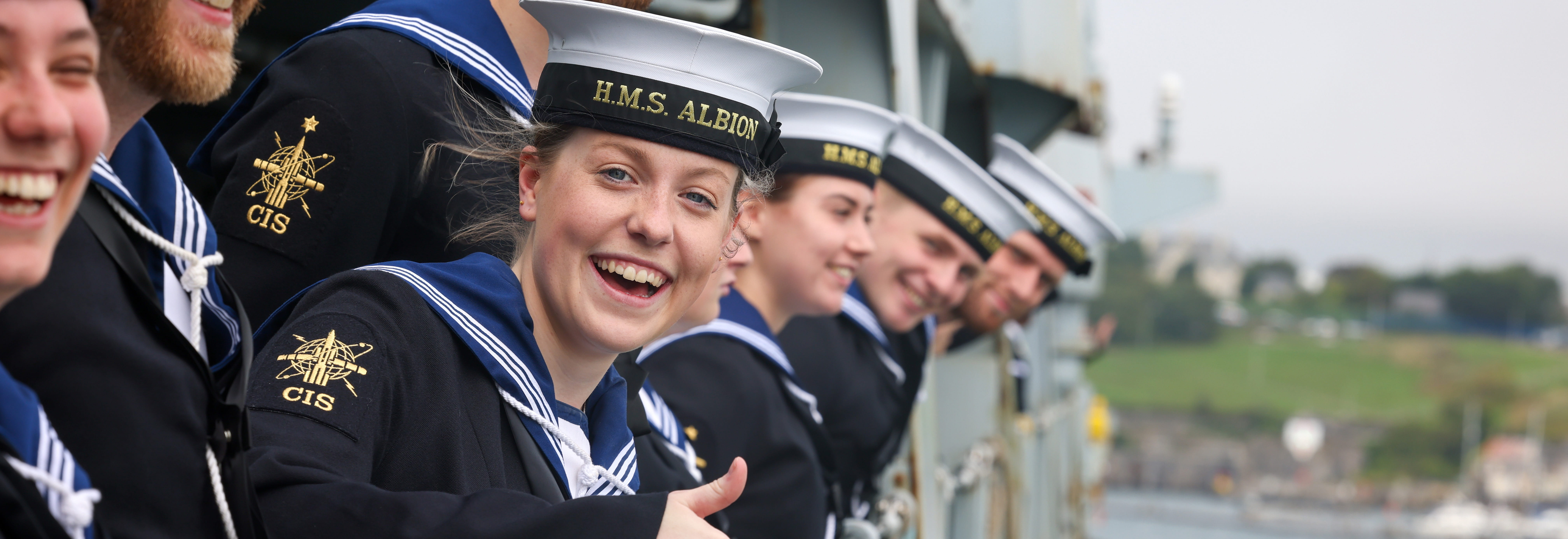 HMS Albion ships company at Procedure Alpha as the ship sails into Devonport