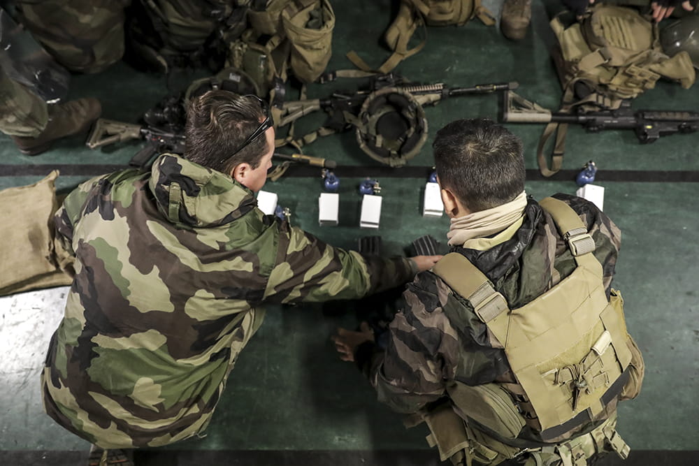 French Navy preparing to leave HMS Albion for their 48 hours in the field for Exercise Joint Warrior
