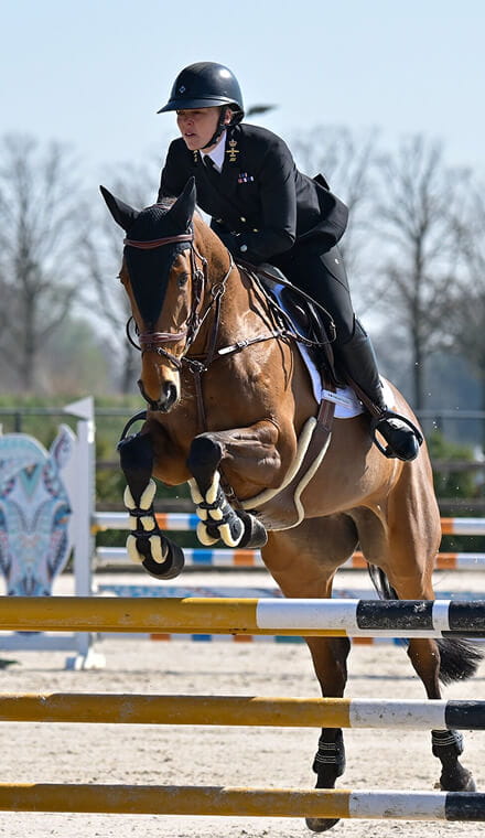A colour photo shows a Royal Navy equestrian rider and her horse, mid-jump. They leap over a fence obstacle, wearing official Royal Navy equestrian kit.