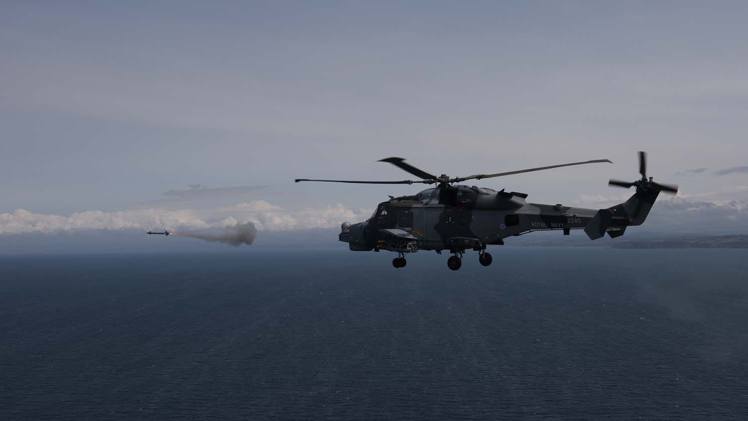 A Wildcat helicopter from 815 NAS pushed the Martlet missile system to its limits in a series of firings in Wales. Picture: LPhot Dan Rosenbaum
