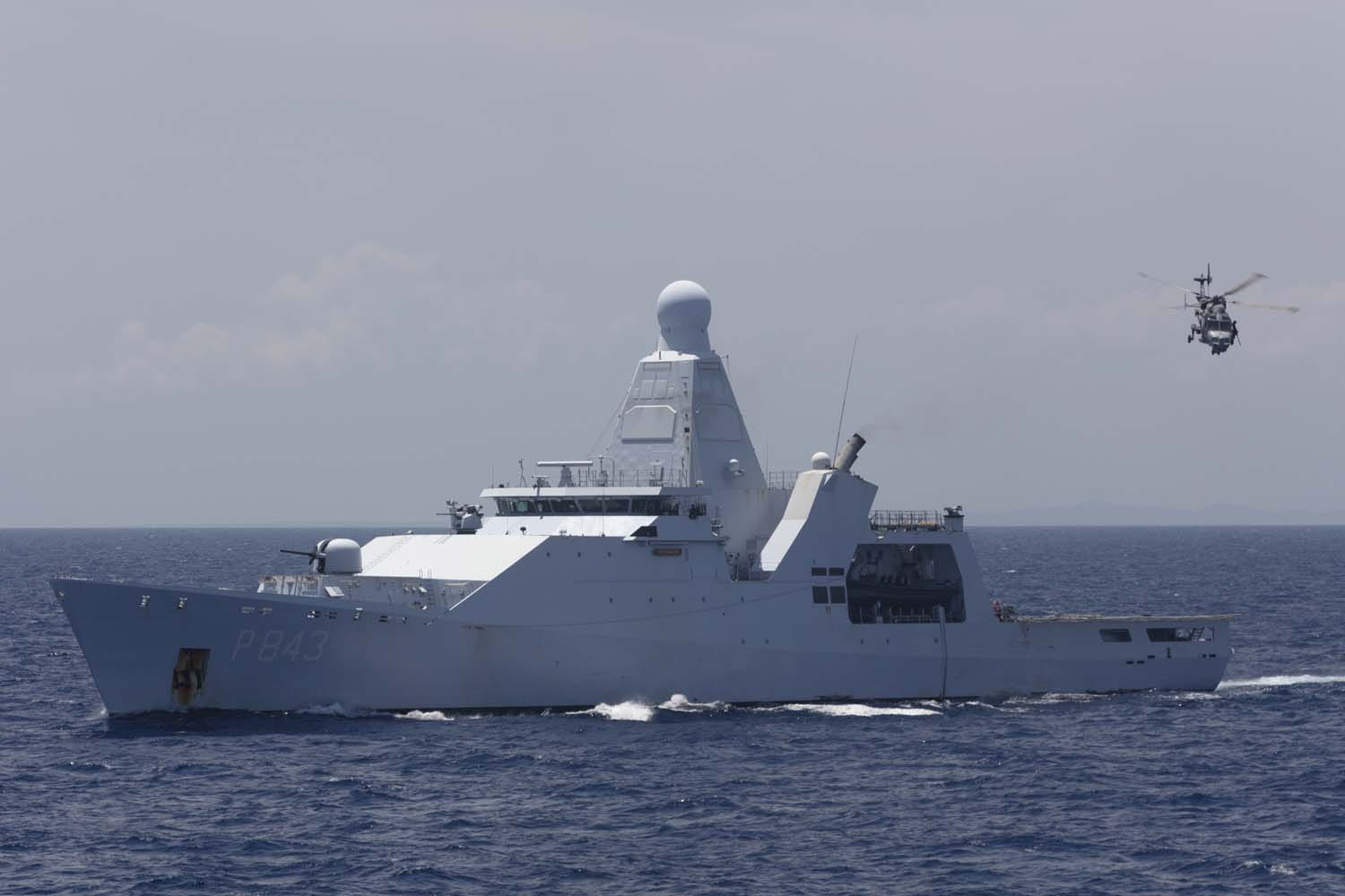 The Dutch Navy work with RFA Argus's Wildcat helicopter in the Caribbean Sea