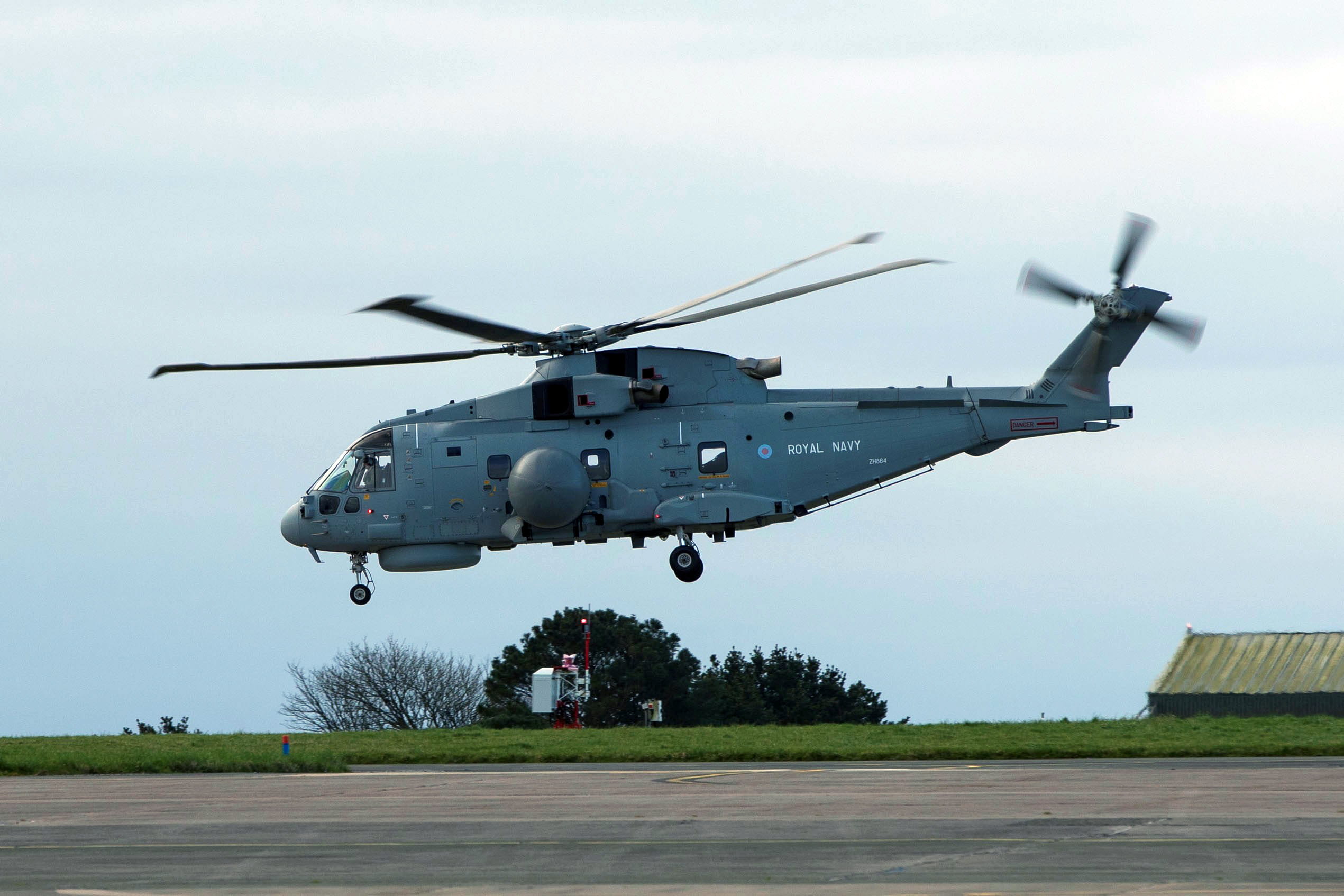 The 820 NAS Crowsnest Merlin lifts off from Culdrose The 820 NAS Crowsnest Merlin lifts off from Culdrose