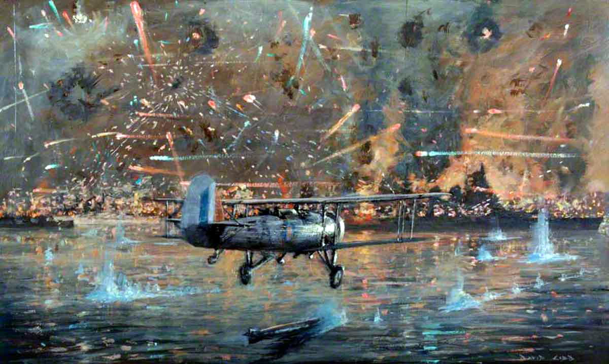 A painting depicting a Swordfish making a run on the Italian Fleet at anchor in Taranto Harbour A painting depicting a Swordfish making a run on the Italian Fleet at anchor in Taranto Harbour