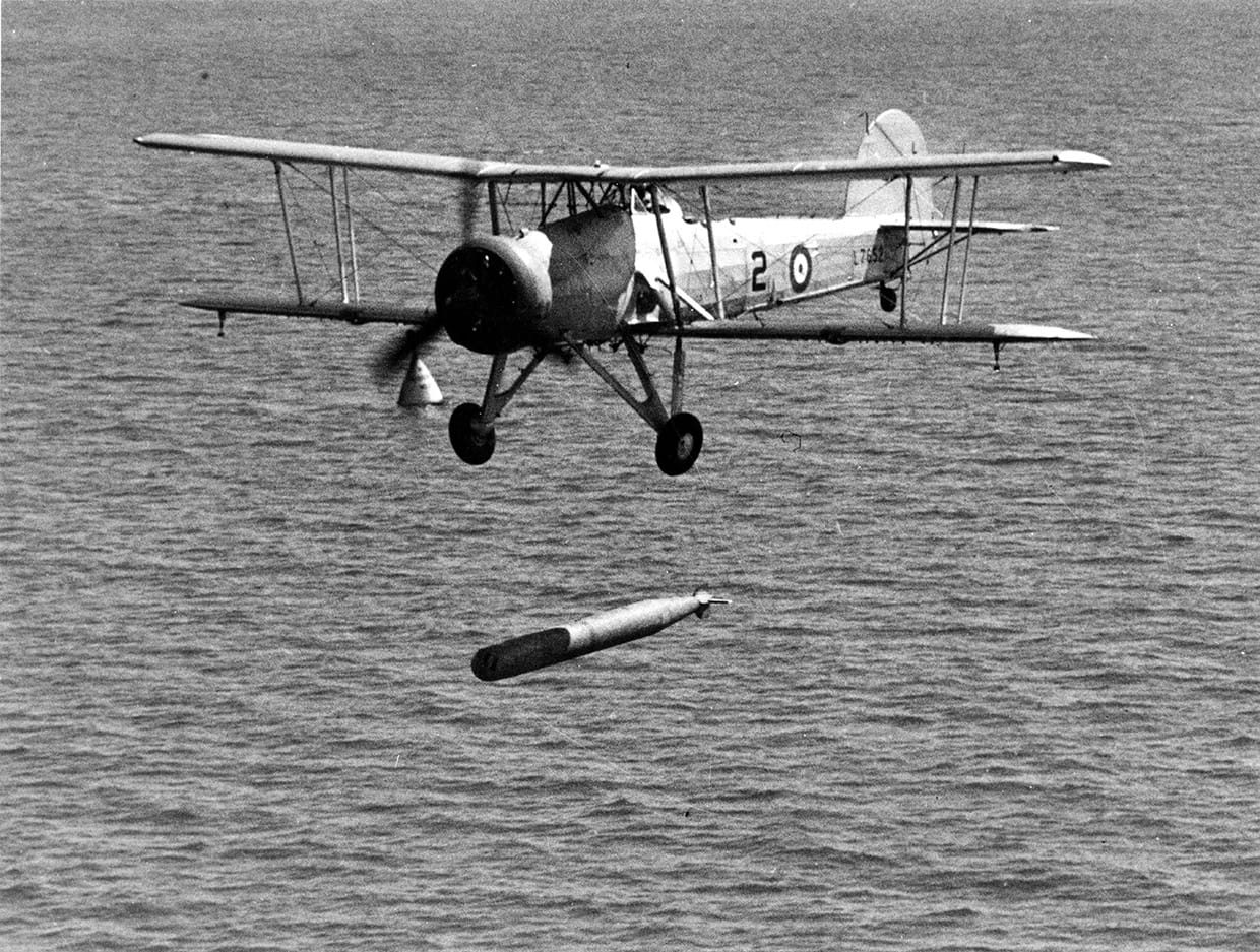 A Swordfish drops a torpedo