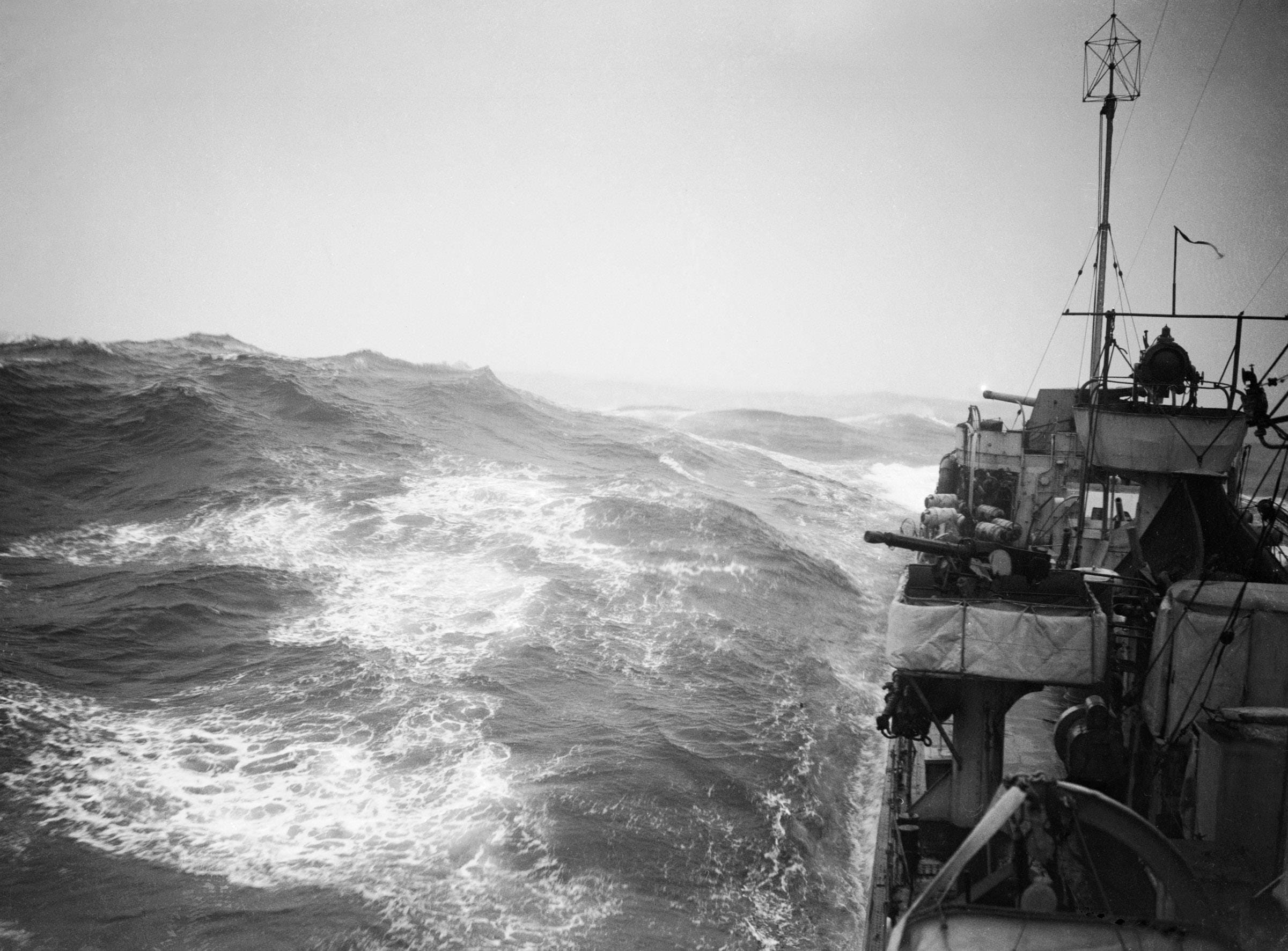 An escort struggles with heavy seas during the Battle of the Atlantic An escort struggles with heavy seas during the Battle of the Atlantic