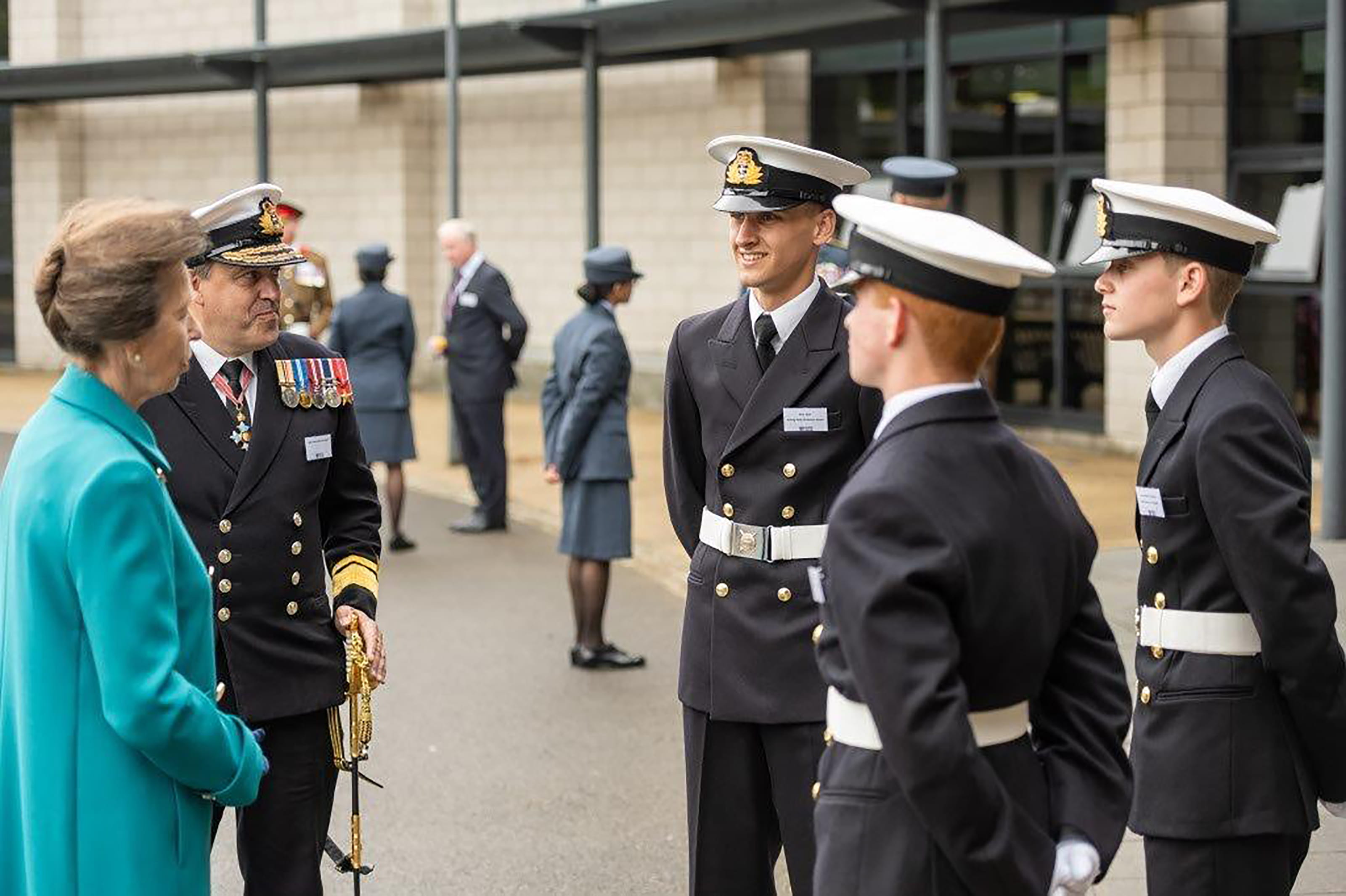 The Princess Royal with Rear Admiral Paul Marshall, Director Navy Acquisition and governor of the college, of Nelson House, Officer Cadet Khai Veal, best Royal Navy student, OC Oscar Watson-Maguire and head of Stirling House, OC Jack Mackenzie-Briggs