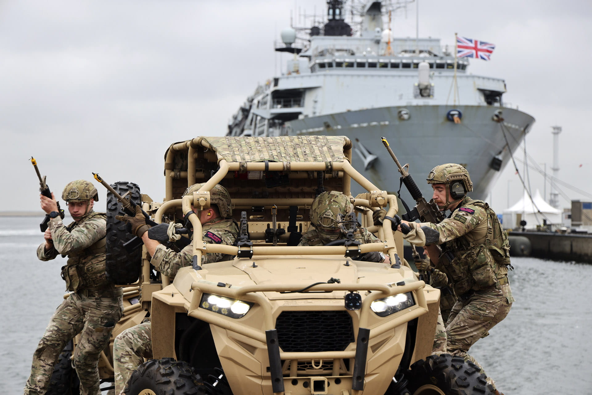 Royal Marines demonstrate the agility and usefulness of their new Polaris MRZR-D4 vehicle