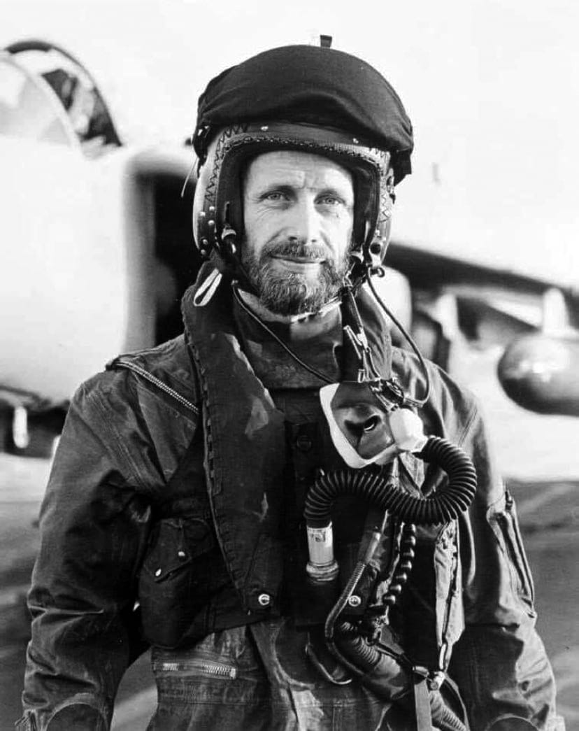 Cdr Nigel 'Sharkey' Ward in flying kit ready for a sortie in his Sea Harrier