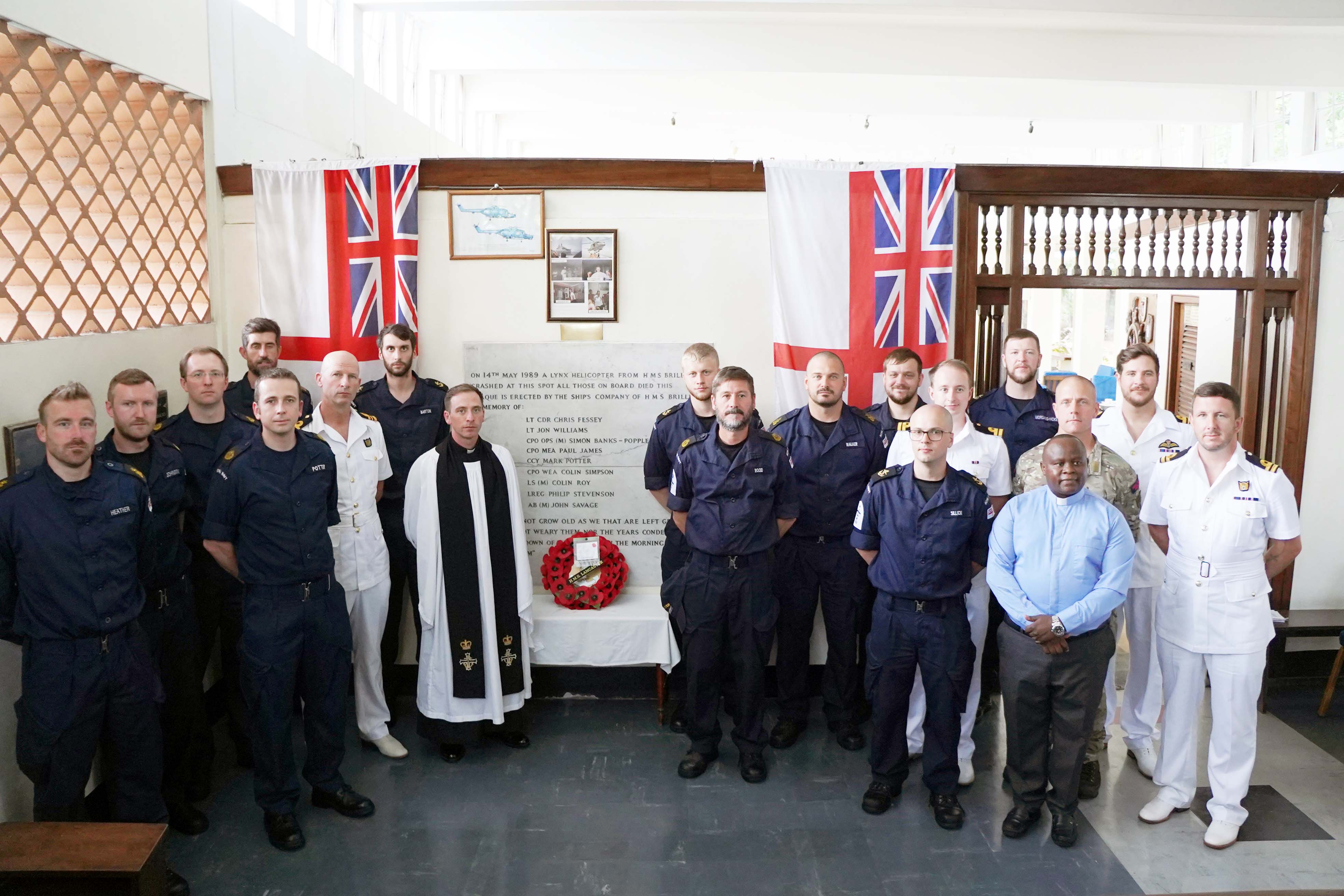  HMS Lancaster's crew in the memorial corner for the Lynx tragedy