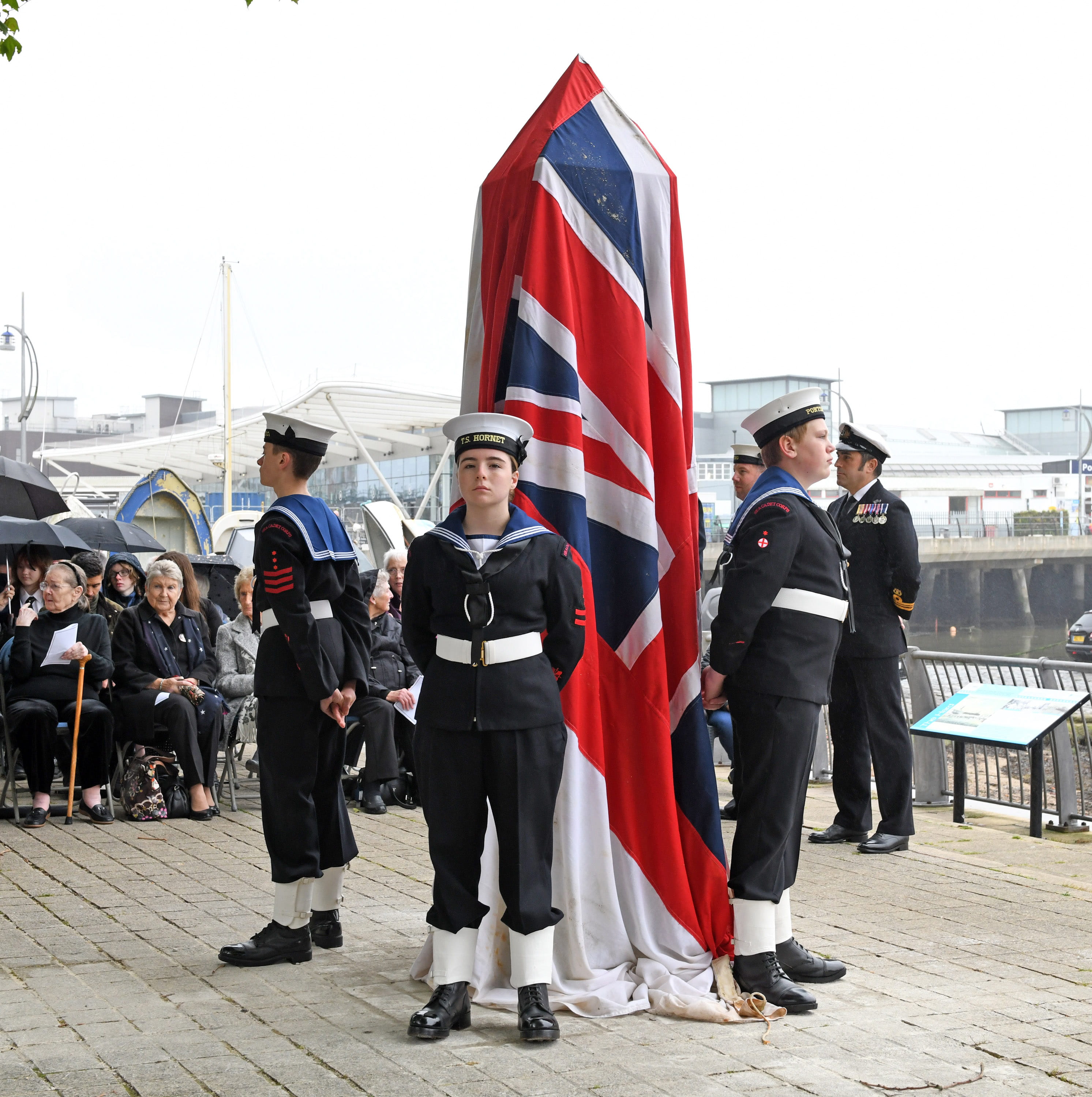 Local Sea Cadets provide a guard for the new Royal Oak monument