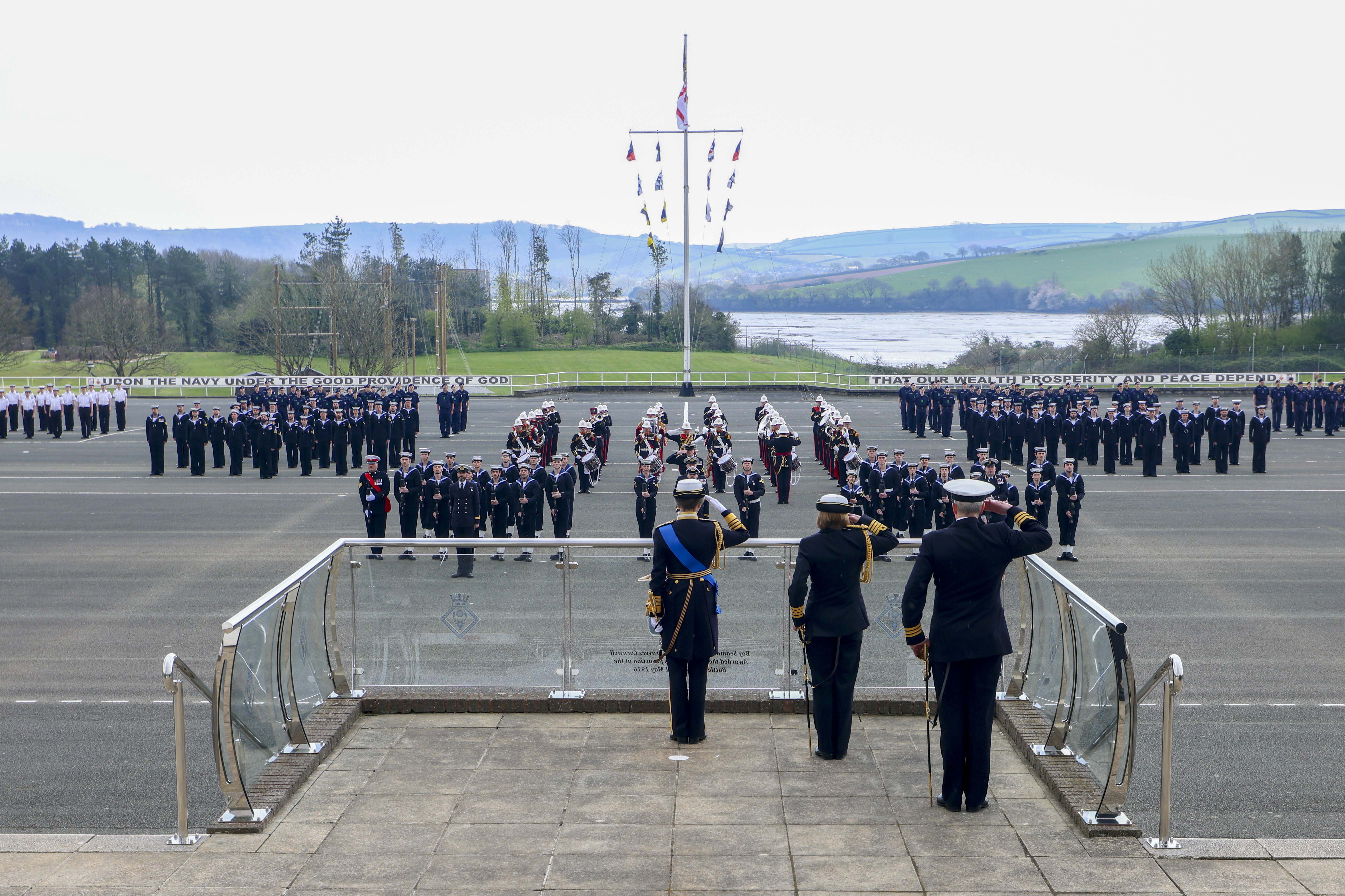 HRH The Princess Royal takes the salute at a pass out parade at Raleigh in March 2023