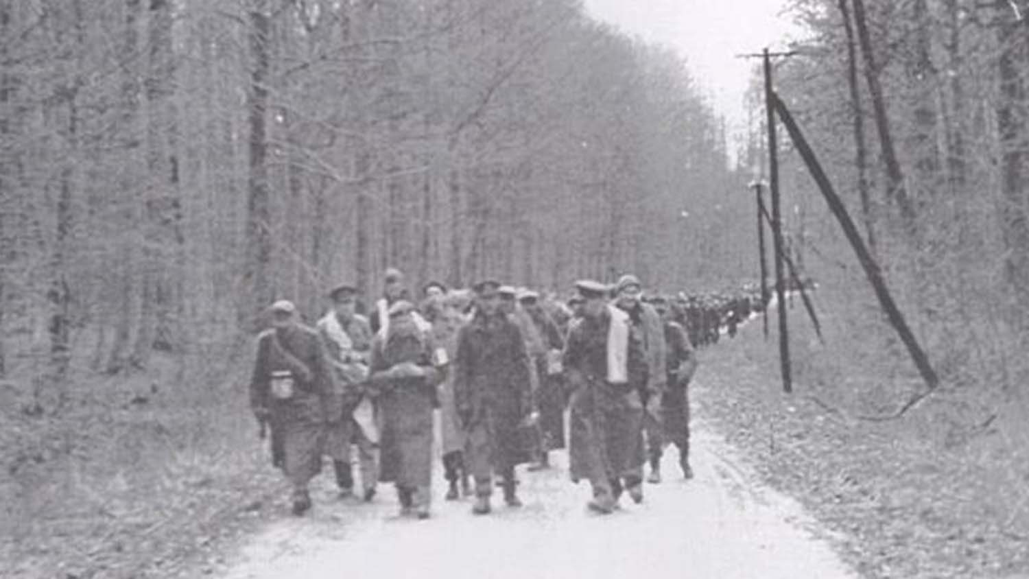 A rare and grainy image of the prisoners on the march in 1945
