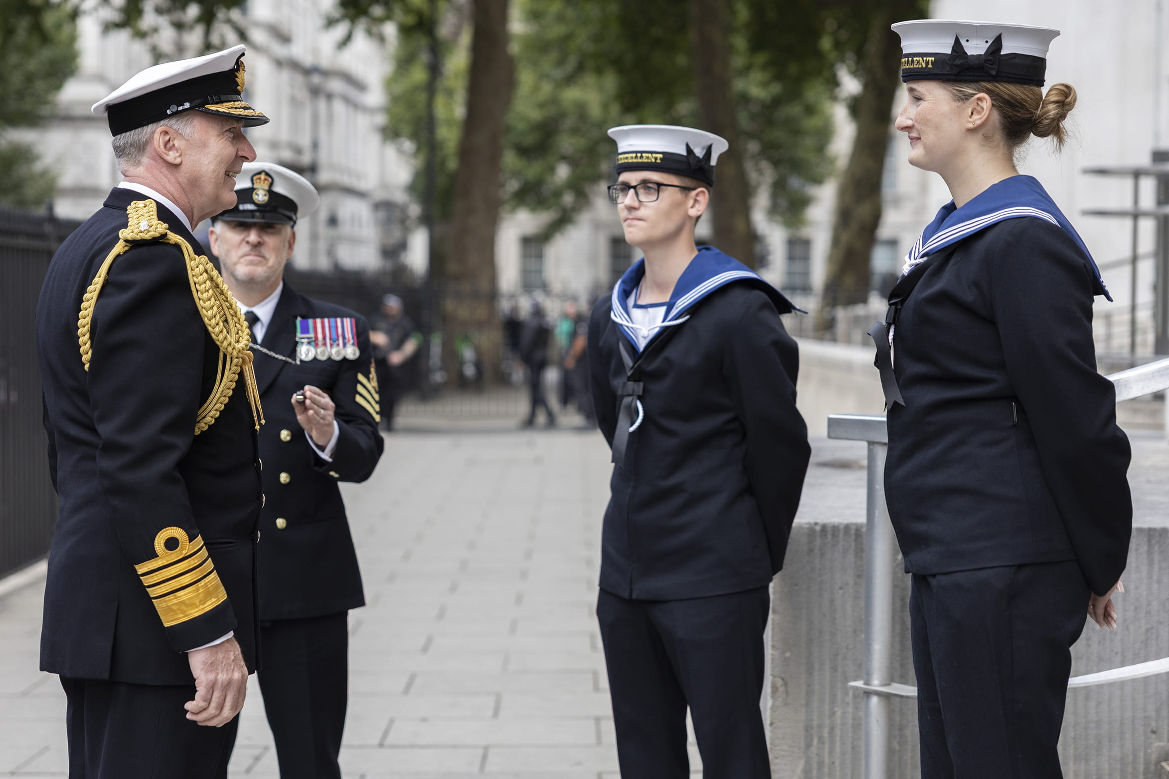 Admiral Sir Tony Radakin talks to Royal Navy personnel on his final day as Chief of the Defence Staff