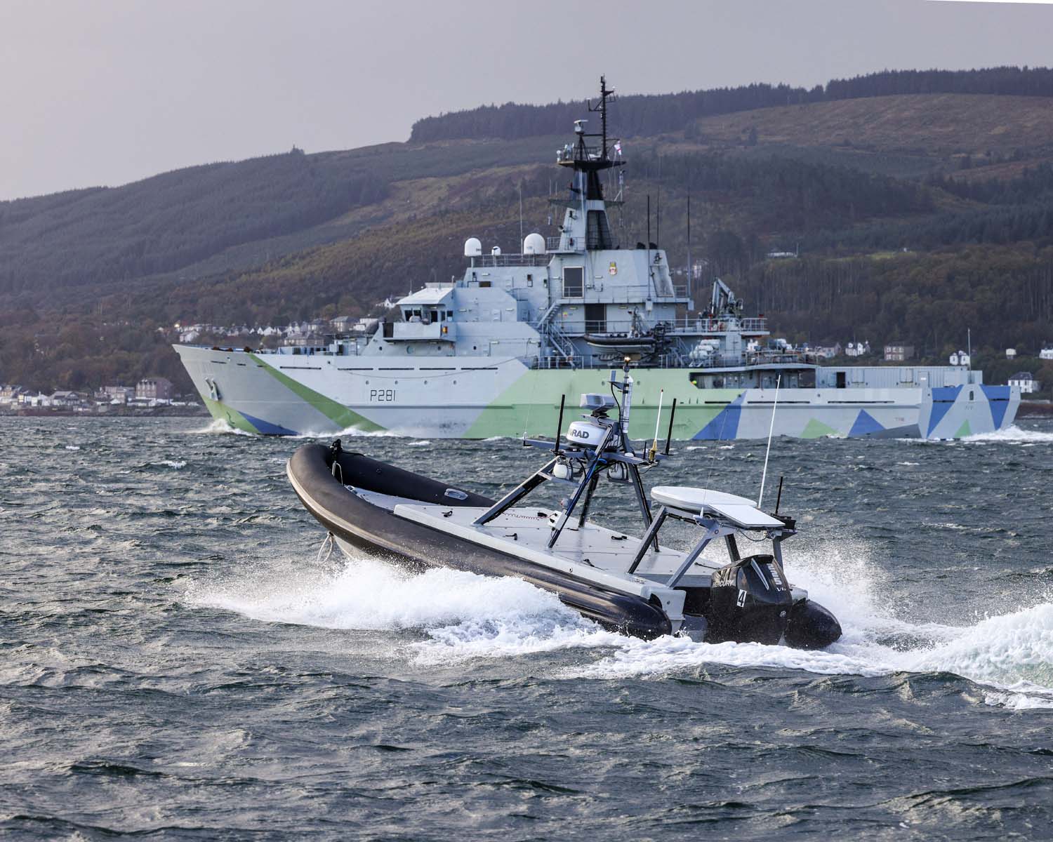 Five uncrewed boats remotely-piloted from 500 miles away swarmed HMS Tyne in a demonstration of how the Royal Navy could utilise such technology on operations. Picture: LPhot Daniel Bladen