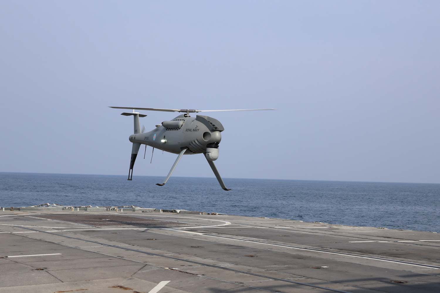 A Peregrine drone hovers just off the flight deck of HMS Lancaster Picture PO Walker