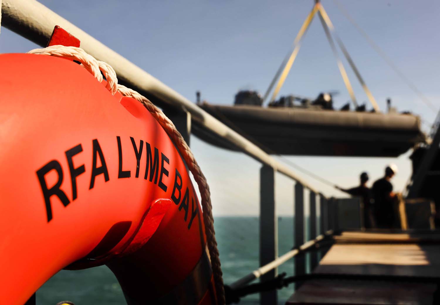 The view from RFA Lyme Bay as a Commando Raiding Craft is loaded onto the ship